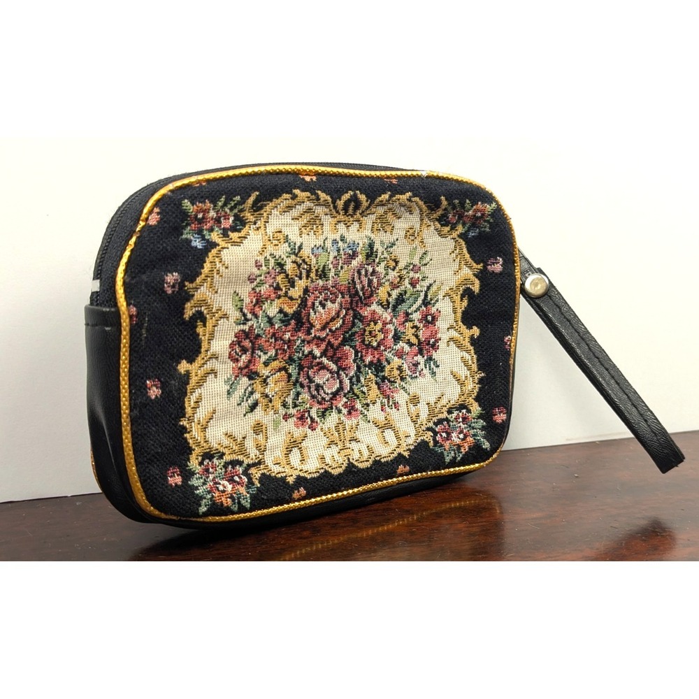 Vintage 80s Floral Tapestry Wristlet Wallet Coin Purse Black Gold Trim Zipper